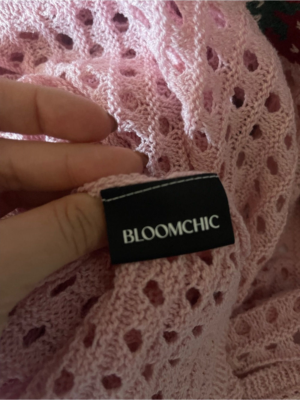 BloomChic Pink Crochet Tie-Front Strawberry Cardigan cozy sweater - Picture 6 of 7